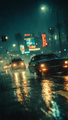 10.A black muscle car speeding through a rain-drenched neon-lit city street, closely followed by a dark SUV with bright headlights. Reflections glisten on the wet road, motion blur enhances the chase,