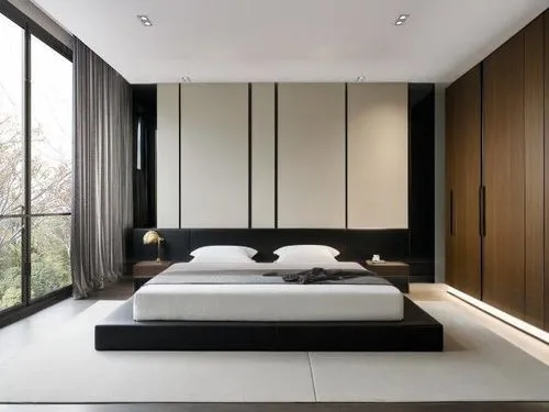 a large bed sitting in the middle of a bedroom,modern room,sleeping room,interior modern design,contemporary decor,bedrooms,headboards,chambre,modern decor,great room,minotti,bedroom,headboard,bedroom