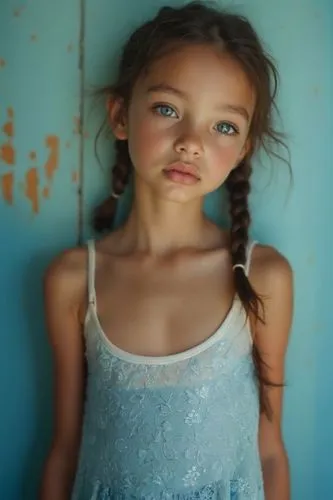 a girl in a blue dress leaning against a wall,young girl,mystical portrait of a girl,girl portrait,little girl in pink dress,girl in cloth,photographing children,photos of children,girl in a long,girl