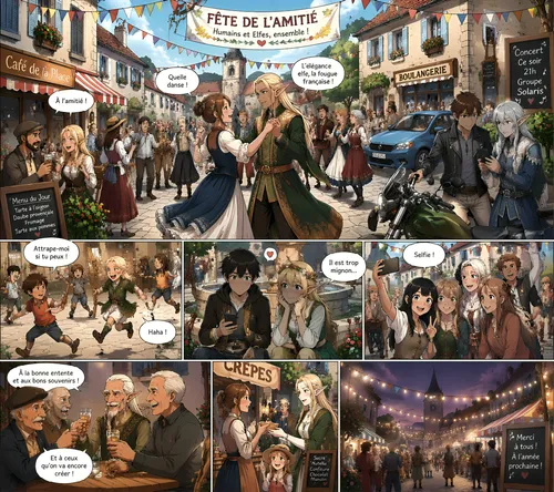 Style manga :

Fête dans un village français à notre époque où français de souche et elfes se rencontrent le temps des festivités.
Tous les ages sont représentés. Bien que les personnes portent des vê