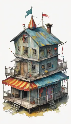 on solid white background birds eye view, a circus shack 19th century distressed, grim dark, worn but colorful, Johan Egerkrans cartoon,stilt houses,stilt house,houseboat,floating huts,house of the se
