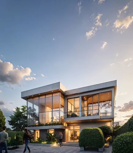 people walking around outside a house at twilight,modern house,modern architecture,luxury home,dunes house,contemporary,penthouses,residential house,prefab,two story house,glass facade,residential,mod