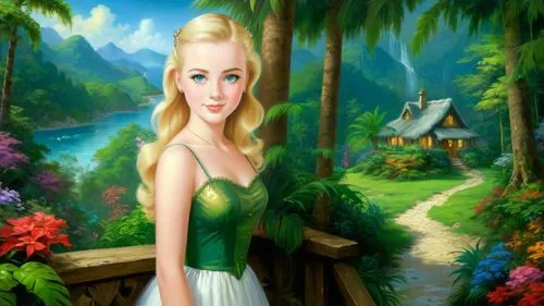 Romantic masterpiece oil painting, beautiful girl portrait, nostalgic 1950's style kitsch, vibrant rainforest,  mountaintop cottage landscape, lush tropical jungle paradise, summer beach scenery, by T