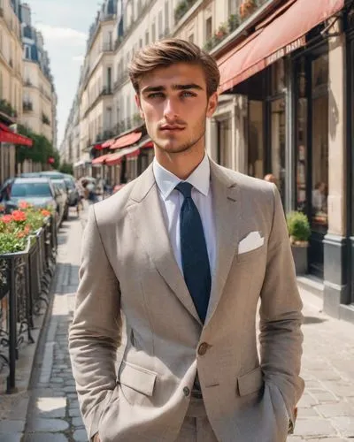 Outdoor headshots，Lifestyle headshots，Elegant Parisian Street,a man,charles leclerc,men's suit,white-collar worker,formal guy,navy suit,paris,paris balcony,businessman,real estate agent,parisian coffe