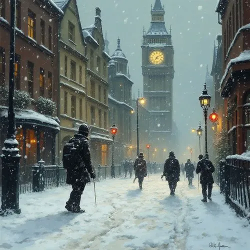 Snow coming down on old London,some people are walking down a snowy street,snow scene,westminster,londres,londen,london,city of london,londono,snowfall,snow drawing,midnight snow,inglaterra,winter nig