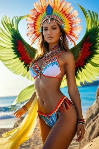 **32k high definition, hyper-realistic, full body photo of a supermodel (Random Country) as a stunning goddess standing confidently on a pristine beach.** She is wearing a traditional bikini and an el