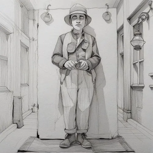 a black and white drawing of a man wearing an overall,boy and dog,farmer,farming,agrarian,dairyman,hayseed