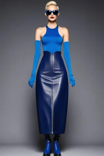 a fashion model wearing   bright blue sleeveless halter top, pencil skirt and ankle Chelsea boots  boots,a woman in blue clothes poses for the camera,derivable,latex,jumpsuit,catsuit,zentai,fashion ve