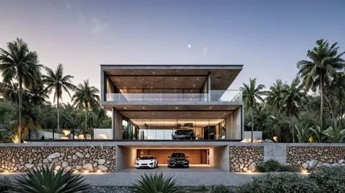 vivienda moderna de tres niveles con paneles de cristal y muros de piedra en fachada. Generar en el segundo y tercer nivel muebles que se vean. Generar vegetacion, iluminacion exterior e interior. gen