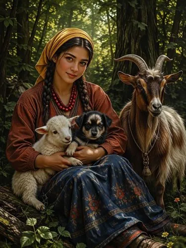 A masterpiece digital oil painting, a pastoral portrait of a beautiful young peasant woman sitting in a lush, dense forest clearing. She wears a rustic mustard yellow headscarf over her dark braided h