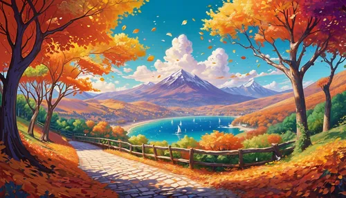 A Tale of Three Leaves, a Lake, and a Mountain.,A Tale of Autumn Leaves, a Lake, and a Mountain. 🍂,autumn background,autumn mountains,autumn landscape,artqux,lake,trees 