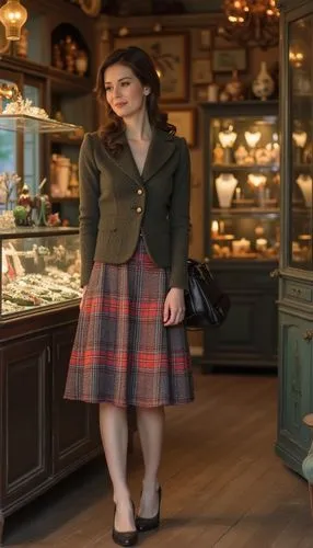 A vintage-inspired fall outfit with a plaid skirt, fitted cardigan, and retro heels. She’s looking at antique jewelry in a vintage shop, with a small handbag for a classic, nostalgic touch.