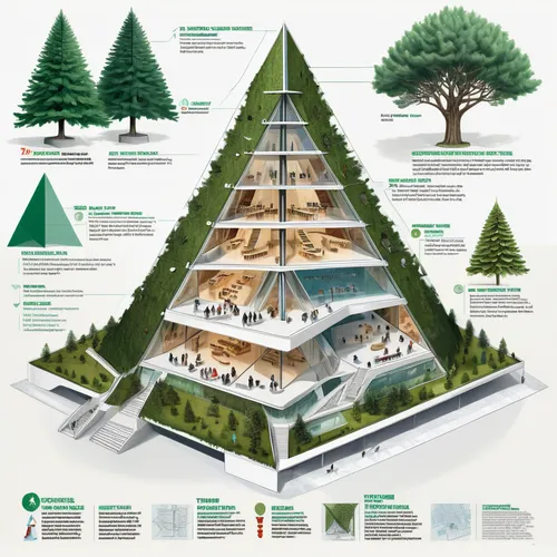A museum where the architectural design is inspired by the structure of a Christmas tree. Incorporate the triangular shape of the tree's branches into the building's floor plan and façade. The museum'
