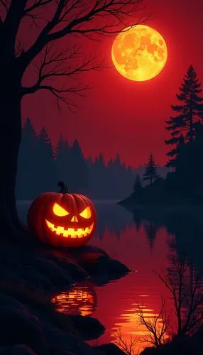 halloween wallpaper,
A glowing jack-o'-lantern sitting on the edge of an enchanted lake, surrounded by dark trees and a red sky with moonlight reflecting in the water. The pumpkin's face is illuminate