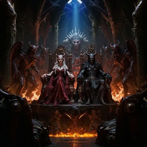 a fantasy scene with three people sitting on a throne,the throne,throne,hall of the fallen,inquisition,the coronation,idolatry,patriarch,enthroning,shrine,enthroned,sacrifice,testament,servitors,worsh
