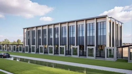 Photo realistic industrial building, blender render, vray render,achicad render ,an office building with a long green lawn outside,new building,modern office,biotechnology research institute,office bu