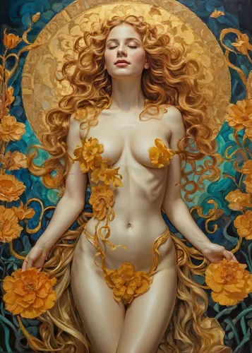 Venus, gustavo klimt painting, eyes closed,venus,golden apple,golden flowers,golden haired,aphrodite,secret garden of venus,solar plexus chakra,golden wreath,dryad,siren,flora,fantasy woman,la nascita