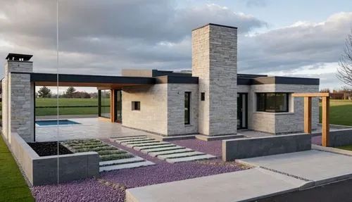 Use the uploaded image as the primary architectural reference. Preserve the exact building geometry, proportions, flat roofs, chimney volume, pergola, entrance, swimming pool, openings, walls, and ove