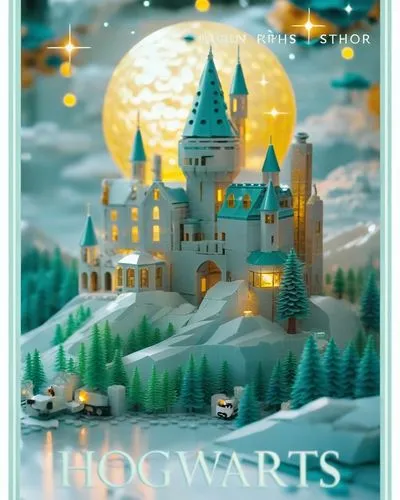 an illustrated castle in the moonlight surrounded by snowy trees,hogwarts,travel poster,digiscrap,diagon,hogsmeade,artkraft