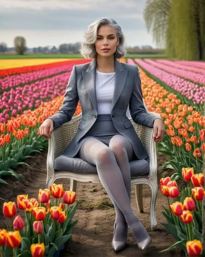 Young beautiful woman, dye grey hair, light skin, wearing grey pantyhose, sitting in a chair, crossed legs, two legs, field full of tulips, Dutch landscape, fashion photograph, high resolution,tulip b