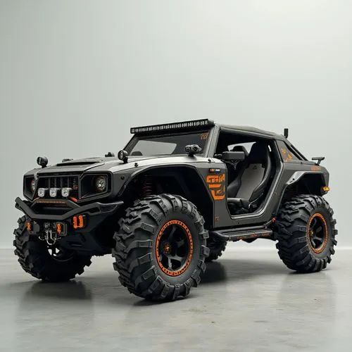 A rugged, outdoor adventure vehicle with a refined, industrial design. The car features exposed steel panels and rugged, oversized tires, with a bold front bumper and reinforced side skirts. The exter