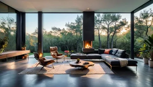Photo of a luxurious yet simple modern interior, with a spacious layout and a monochromatic color scheme... The room features a smooth concrete floor, minimalistic furnishings, and a centerpiece firep