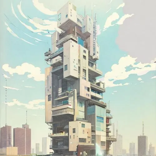 Urban scene, contemporary architecture, experimental design, tokyo residential area,a very tall building with a bunch of windows,skyscraper,cellular tower,sky apartment,the skyscraper,skyscraping,bird