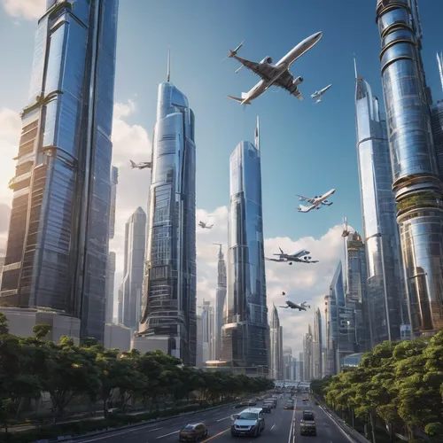 A modern robotic city with tall skyscrapers and airplanes on sky,futuristic landscape,futuristic architecture,air transportation,smart city,air transport,dubai,urbanization,sky space concept,sky city,