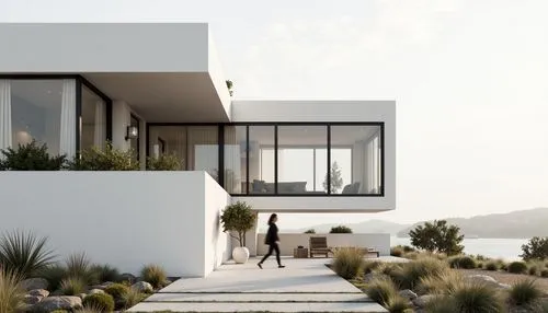 Genera una imagen estilizada de una villa de lujo minimalista, con una fachada limpia en tonos grises y blancos. La arquitectura debe ser moderna y austera, destacando grandes paños acristalados y lín