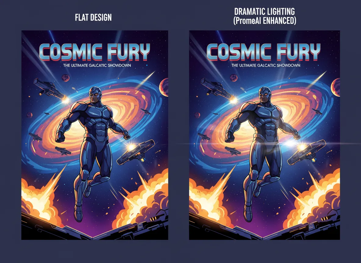 Ein direkter Vergleich, der ein flaches Plakatdesign und dasselbe Design, verbessert mit den dramatischen Lichteffekten von PromeAI, zeigt.
