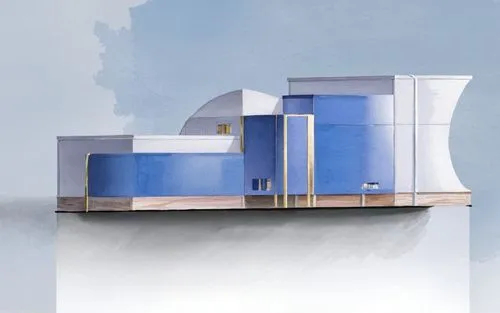 a painting of a building with a white roof and blue walls,gehry,hejduk,unbuilt,melnikov,concrete plant,seidler,eisenman,corbu,lasdun,sheeler,sketchup,cubic house,docomomo,gwathmey,renderings,house dra