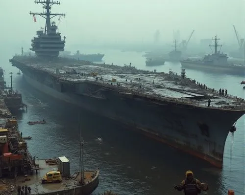 一艘正在充滿油汙,雜亂的軍港拆解到一半的航空母艦,碼頭有焊接工人在焊接,忙碌的工作,a large boat with multiple hulls in a dock,aircraft carrier,uss carl vinson,cvn,uss kitty hawk,drydock,supercarrier