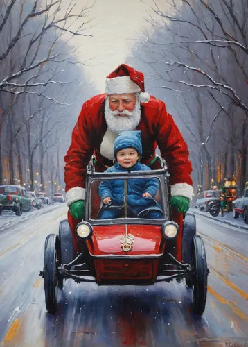 Christmas Card Painting - Christmas Buggy Ride  by Claiborne Hemphill-Trinklein,santa sleigh,christmas car,christmas retro car,christmas cars,santa and girl,santa claus,father christmas,santa claus tr