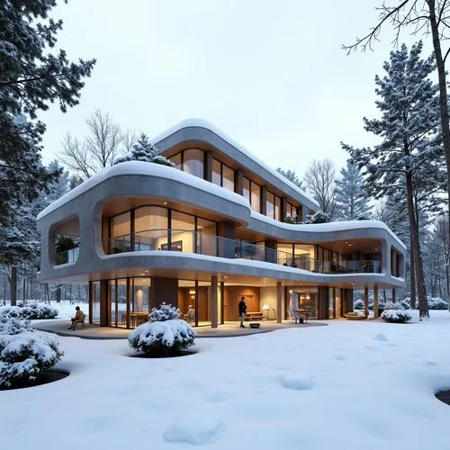  ,a modern house is lit up on the snowy hillside,winter house,snow roof,snow house,forest house,snowhotel,beautiful home,snow shelter,timber house,snowed in,modern house,mid century house,chalet,new e