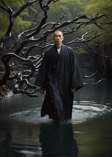 a man in a dark robe walking in water, in the style of sou fujimoto, zhang jingna, glass sculptures, twisted branches, miwa komatsu, whimsical animation, asymmetrical balance,sōjutsu,daitō-ryū aiki-jū