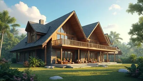 A beautiful one-story modern tropical house with a steep pointed roof, elegant wooden balcony, large glass windows, spacious veranda, natural stone walls, surrounded by lush green garden and colorful 