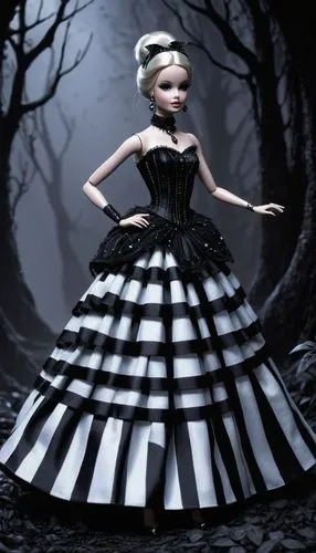 60s barbie doll in a black and white striped ballgown,Barbie,doll dress,dress doll,marionette,tumbling doll,fashion doll,fairy tale character