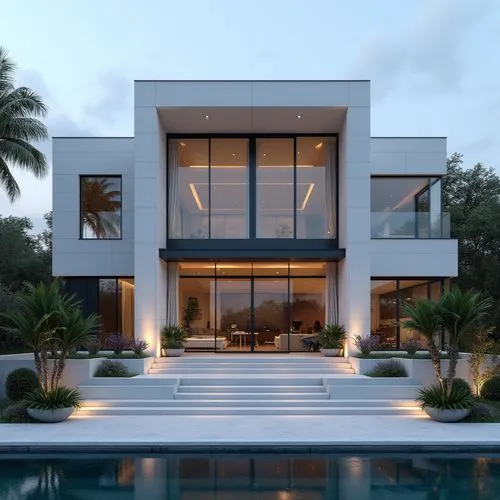 A hyper-realistic, high-resolution architectural photograph capturing a grand, ultra-modern luxury mansion at twilight. The building’s façade is composed of smooth white stone panels contrasted with s