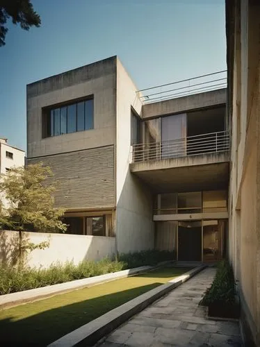 Le Corbusier's Five Points of Architecture, modernist, pilotis, free plan, free facade, ribbon window, roof garden, functionalism, brutalism, urban landscape, cityscape, metropolitan, concrete, steel,