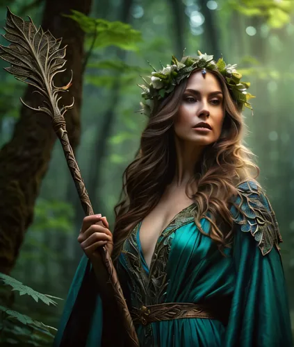 A fantasy magician woman with long flowing hair, wearing a flowing robe and holding a staff, standing in a magical forest. The woman has a super detailed face and body, with every wrinkle, pore, and m