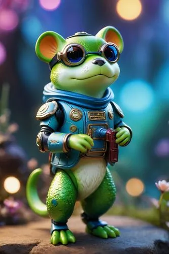 frog dog inu immaculate full body cyberpunk style robot with virtual reality glasses, going to the moon,a toy mouse in a space suit with big eyes,frog background,pascal,frog figure,wonder gecko,musica