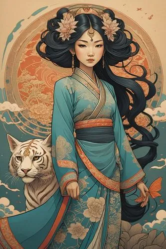 Girl and Yaksha, oriental style, comic style,oriental princess,kitsune,japanese art,oriental girl,mulan,geisha,oriental painting,oriental,jasmine blossom,geisha girl,chinese art,asia,tiger lily,fantas
