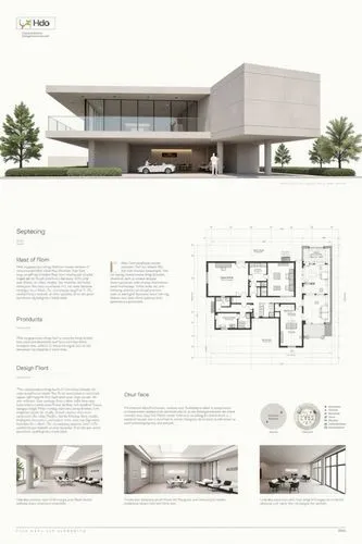 A professional architectural presentation board with a Pure background and a clean, minimalist design layout. The board includes:
Top Section: On the top left, a photorealistic render of a contempora