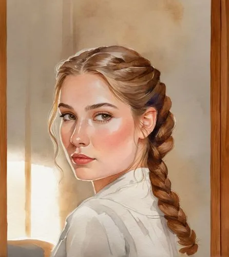 An illustration of a beautiful caucasian young woman with long brown hair and a braid, 21 years old, dressed in a white minidress with neckline, standing on her back with her head tilted backward, gaz