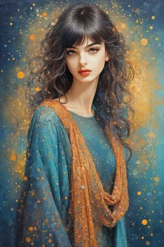A portrait constructed from intricately arranged dotted paints on a textured canvas, blending impressionism with pointillism, exuding an air of whimsy and surrealism, with delicate droplets of color f