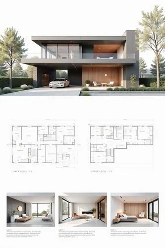 A professional architectural presentation board with a Pure background and a clean, minimalist design layout. The board includes:

Top Section: On the top left, a photorealistic render of a contempora