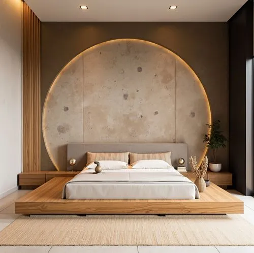 Modern, Concrete wall feature with lunar textures, Warm wood paneling, Indirect LED lighting, Natural fiber rugs, Minimal furnishings, Organic tones, Minimalist, by Kelly Wearstler,this room is very m