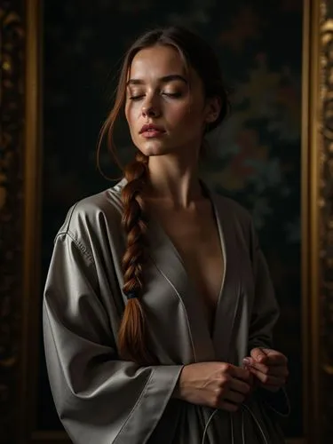 Random snapshot,a beautiful woman with red hair wearing a robe,elegant,romantic portrait,girl in cloth,portrait of a girl,elegance,kimono,mystical portrait of a girl,belle,robes,portrait background,wo