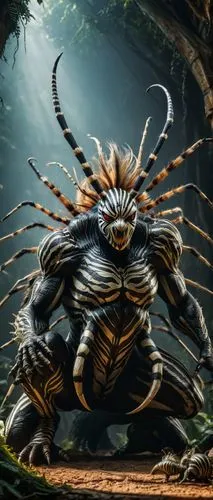 Monstro gigante de aranha misturado com zebra,sōjutsu,wolverine,butomus,katakuri,forest beetle,samurai,goki,samurai fighter,skordalia,nine-tailed,alien warrior,the stag beetle,predator,shiva,arthropod