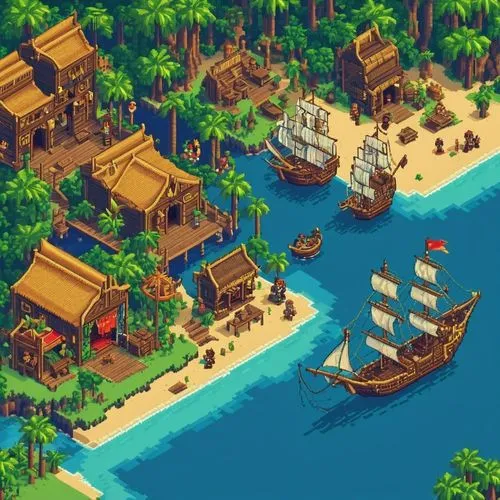Pixel Art,fishing village,pirate treasure,popeye village,sindbad,caravel,pirate ship,polynesia,seaside resort,shipwrights,collected game assets,trireme,plundering,docked,isla,java island,koror,sot,an 